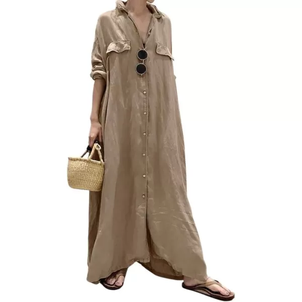 imagechouyatou Womens Casual Long Sleeve Maxi Shirt Dress Loose Fit Cotton Button Down Swing Long DressKhaki