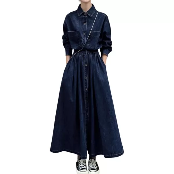 imagechouyatou Womens Casual Spring Fall Denim Dress Elastic Waist Button Down Maxi Long Jean Shirt DressBlue