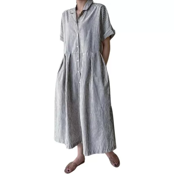 imagechouyatou Womens Cotton Striped Shirt Dress Button Up Short Sleeve Midi Long Shift Dress with PocketsBlack