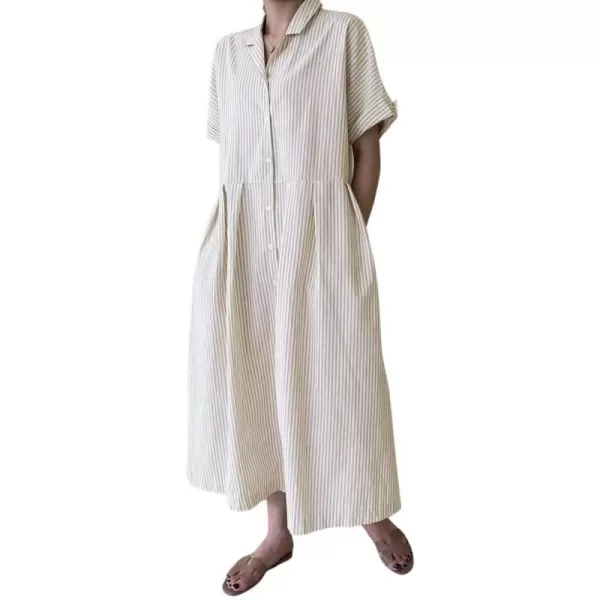 imagechouyatou Womens Cotton Striped Shirt Dress Button Up Short Sleeve Midi Long Shift Dress with PocketsKhaki