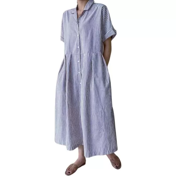 imagechouyatou Womens Cotton Striped Shirt Dress Button Up Short Sleeve Midi Long Shift Dress with PocketsNavy Blue