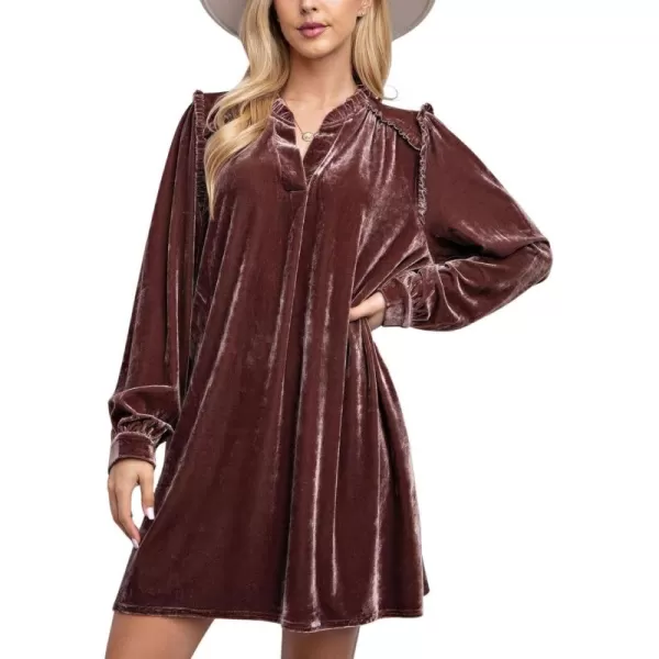 imagechouyatou Womens Long Sleeve Velvet Party Dress Frilly VNeck Tunic Shift Short Dress with PocketsPink Brown