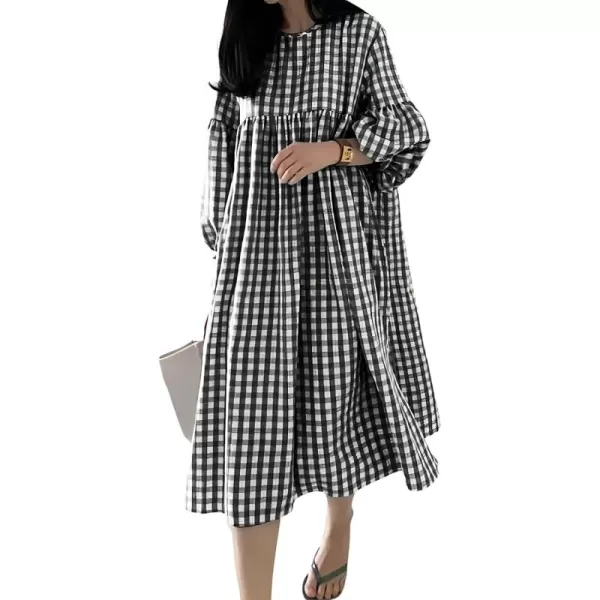 imagechouyatou Womens Loose Fit Retro Plaid Dress Lantern Puff Sleeve Gingham Swing Midi Long Tunic Shift DressBlack