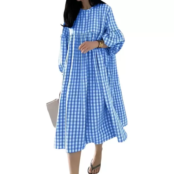 imagechouyatou Womens Loose Fit Retro Plaid Dress Lantern Puff Sleeve Gingham Swing Midi Long Tunic Shift DressBlue