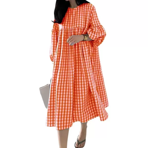 imagechouyatou Womens Loose Fit Retro Plaid Dress Lantern Puff Sleeve Gingham Swing Midi Long Tunic Shift DressOrange
