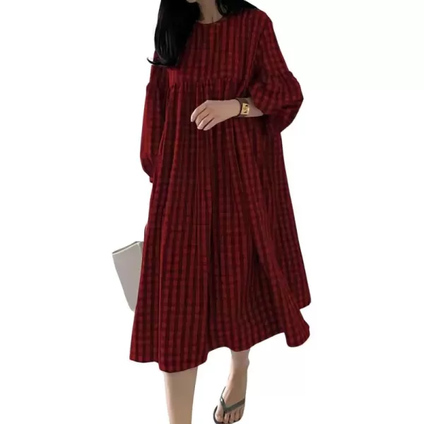 imagechouyatou Womens Loose Fit Retro Plaid Dress Lantern Puff Sleeve Gingham Swing Midi Long Tunic Shift DressWine Red