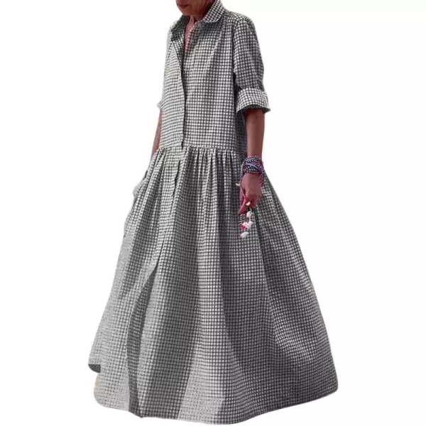 imagechouyatou Womens Retro Plaid Button Down Maxi Shirt Dress Long Sleeve Button Up Gingham Swing Long DressBlack