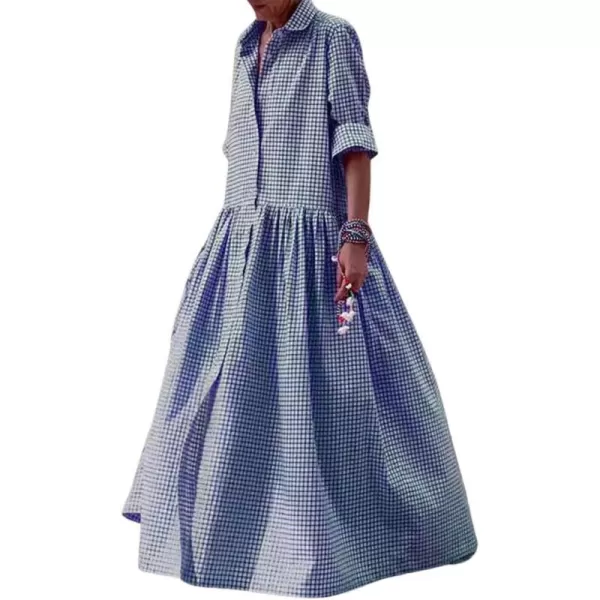 imagechouyatou Womens Retro Plaid Button Down Maxi Shirt Dress Long Sleeve Button Up Gingham Swing Long DressBlue