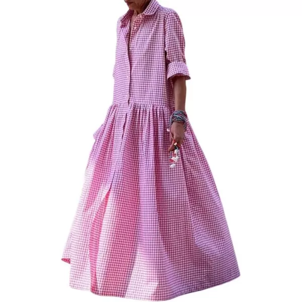 imagechouyatou Womens Retro Plaid Button Down Maxi Shirt Dress Long Sleeve Button Up Gingham Swing Long DressPink