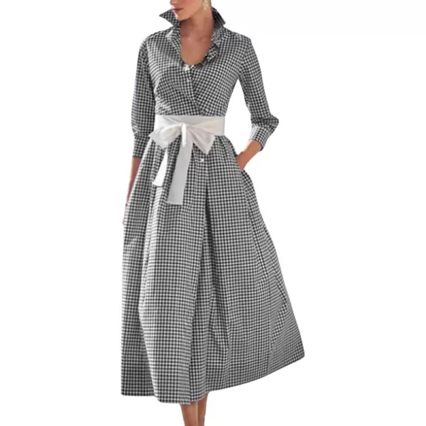 imagechouyatou Womens Retro Plaid Button Up Maxi Shirt Dress 34 Sleeve Gingham Pocketed Long Dress with BeltBlack
