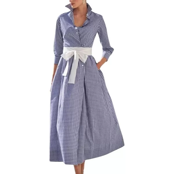 imagechouyatou Womens Retro Plaid Button Up Maxi Shirt Dress 34 Sleeve Gingham Pocketed Long Dress with BeltNavy Blue
