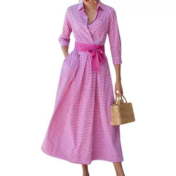 imagechouyatou Womens Retro Plaid Button Up Maxi Shirt Dress 34 Sleeve Gingham Pocketed Long Dress with BeltPink