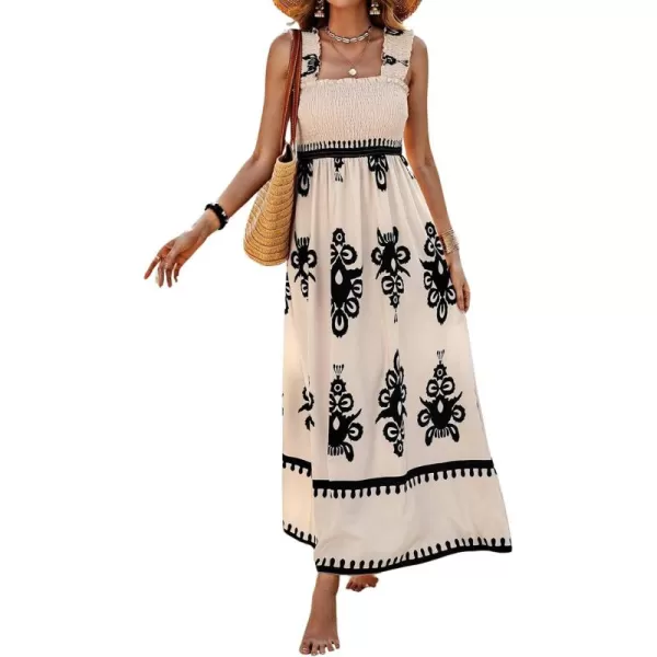 imagechouyatou Womens Retro Smocked Bohemian Maxi Dress Floral Print Spaghetti Strap Swing Beach Party DressApricot