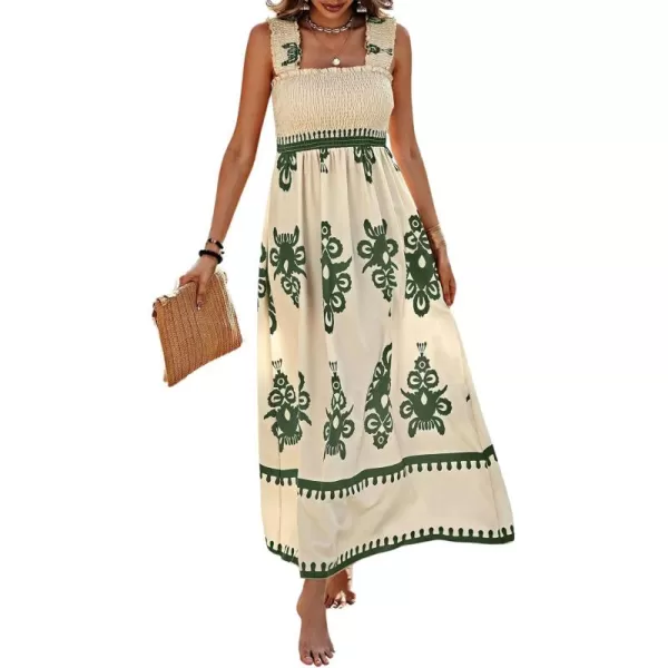 imagechouyatou Womens Retro Smocked Bohemian Maxi Dress Floral Print Spaghetti Strap Swing Beach Party DressArmy Green
