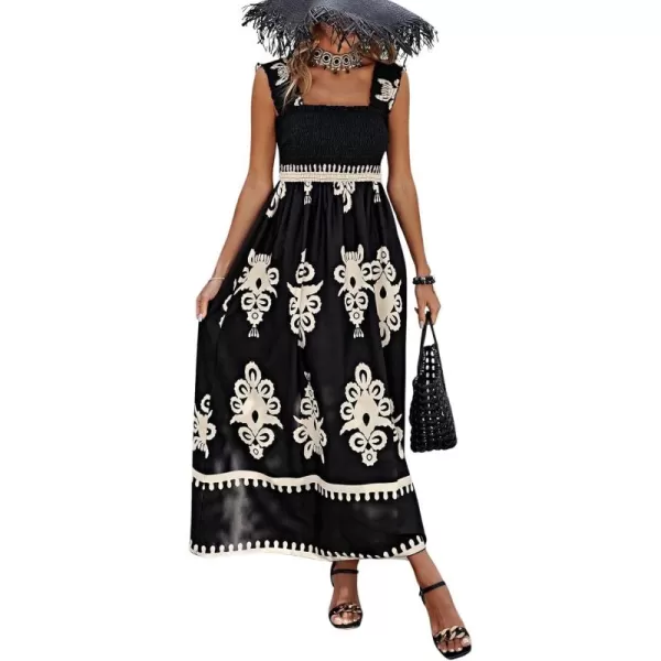 imagechouyatou Womens Retro Smocked Bohemian Maxi Dress Floral Print Spaghetti Strap Swing Beach Party DressBlack