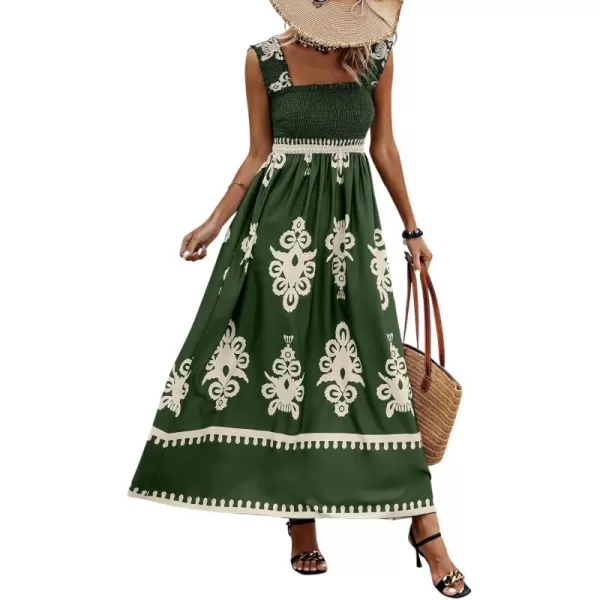 imagechouyatou Womens Retro Smocked Bohemian Maxi Dress Floral Print Spaghetti Strap Swing Beach Party DressGreen