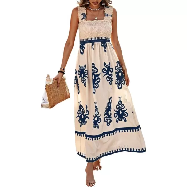 imagechouyatou Womens Retro Smocked Bohemian Maxi Dress Floral Print Spaghetti Strap Swing Beach Party DressNavy Blue