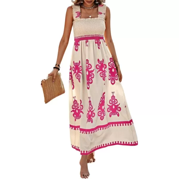 imagechouyatou Womens Retro Smocked Bohemian Maxi Dress Floral Print Spaghetti Strap Swing Beach Party DressPink