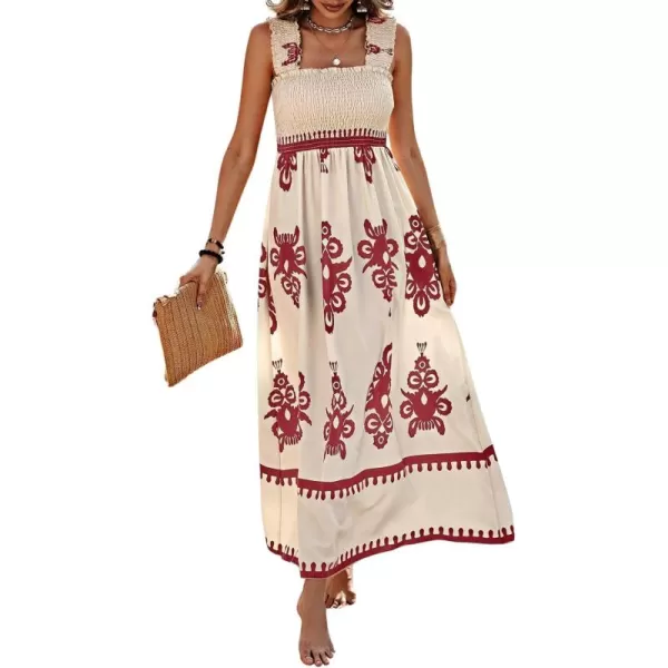 imagechouyatou Womens Retro Smocked Bohemian Maxi Dress Floral Print Spaghetti Strap Swing Beach Party DressWine Red