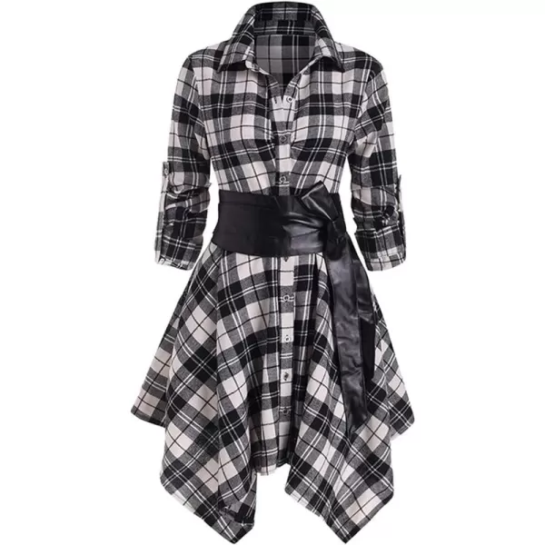 imagechouyatou Womens RollUp Sleeve Removable Belt Handkerchief Hem Midi Plaid Shirt DressBlack
