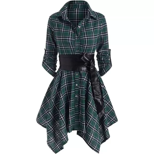 imagechouyatou Womens RollUp Sleeve Removable Belt Handkerchief Hem Midi Plaid Shirt DressGreen