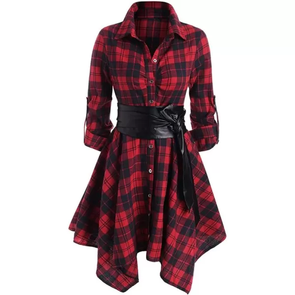 imagechouyatou Womens RollUp Sleeve Removable Belt Handkerchief Hem Midi Plaid Shirt DressRed