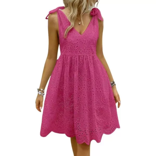 imagechouyatou Womens Sexy Spaghetti Strap Eyelet Lace Babydoll Dress A Line Beach Party Short Sun DressRose Red