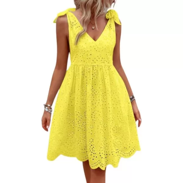 imagechouyatou Womens Sexy Spaghetti Strap Eyelet Lace Babydoll Dress A Line Beach Party Short Sun DressYellow