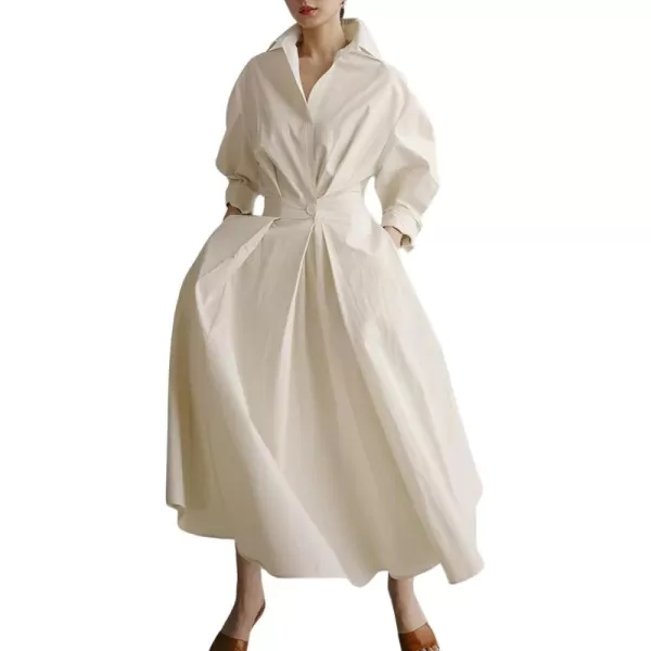 imagechouyatou Womens Spring Elegant Tunic Dress Long Sleeve Button Down Loose Maxi Dress SundressBeige