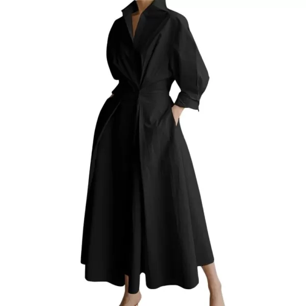 imagechouyatou Womens Spring Elegant Tunic Dress Long Sleeve Button Down Loose Maxi Dress SundressBlack