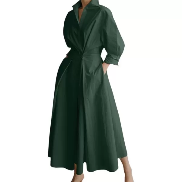 imagechouyatou Womens Spring Elegant Tunic Dress Long Sleeve Button Down Loose Maxi Dress SundressGreen