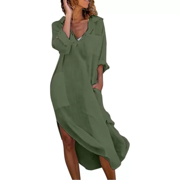imagechouyatou Womens Spring Summer Cotton Linen Shirt Dress Button Down Casual Loose Maxi Shift DressArmy Green