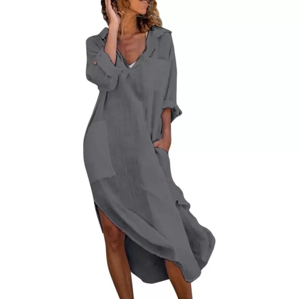 imagechouyatou Womens Spring Summer Cotton Linen Shirt Dress Button Down Casual Loose Maxi Shift DressDark Grey