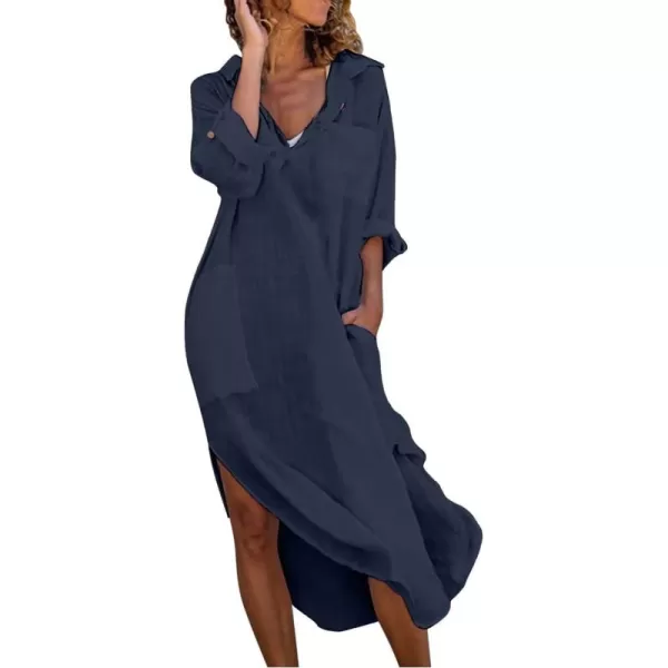 imagechouyatou Womens Spring Summer Cotton Linen Shirt Dress Button Down Casual Loose Maxi Shift DressNavy Blue