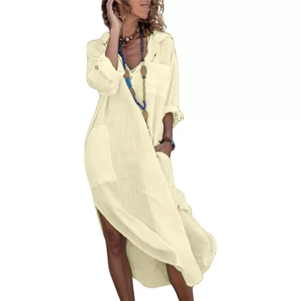 imagechouyatou Womens Spring Summer Cotton Linen Shirt Dress Button Down Casual Loose Maxi Shift DressYellow