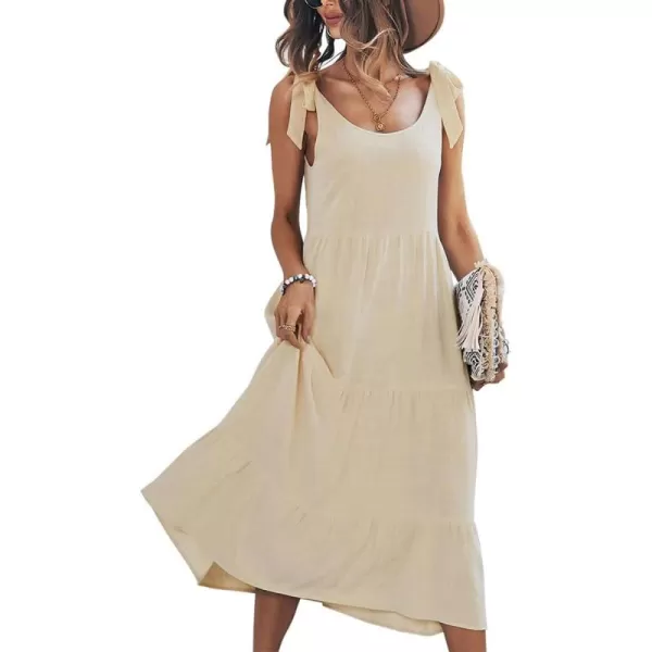imagechouyatou Womens Summer Adjustable Spaghetti Strap Solid Ruffle Swing Midi DressApricot