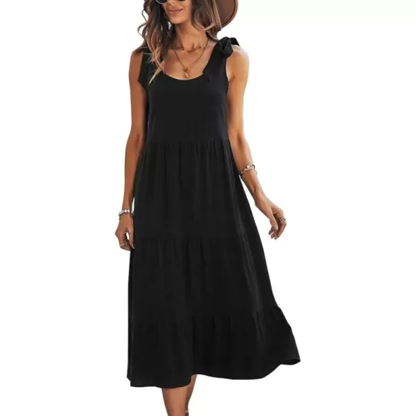 imagechouyatou Womens Summer Adjustable Spaghetti Strap Solid Ruffle Swing Midi DressBlack