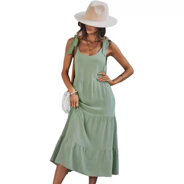 imagechouyatou Womens Summer Adjustable Spaghetti Strap Solid Ruffle Swing Midi DressGreen