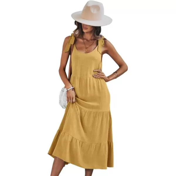 imagechouyatou Womens Summer Adjustable Spaghetti Strap Solid Ruffle Swing Midi DressYellow