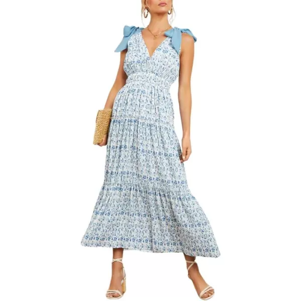 imagechouyatou Womens Summer Boho Floral Print Dress Tie Knot Strap VNeck Swing Maxi Beach DressBlue