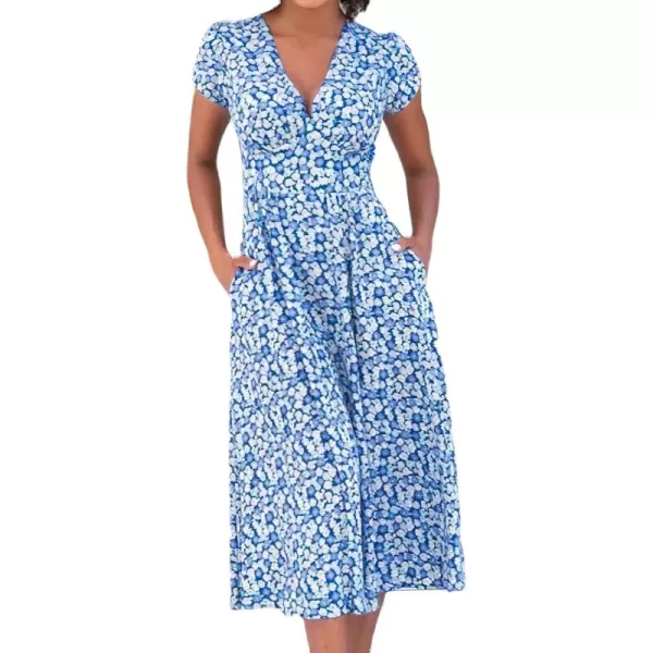 imagechouyatou Womens Summer Boho Floral Print Midi Ditsy Dress Casual VNeck Swing Vacation Beach DressBlue