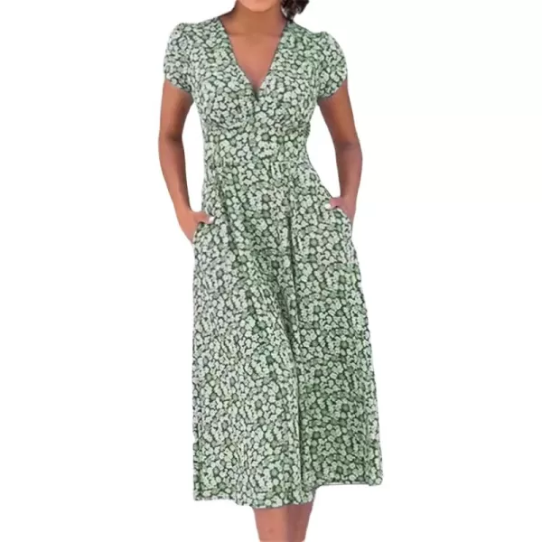 imagechouyatou Womens Summer Boho Floral Print Midi Ditsy Dress Casual VNeck Swing Vacation Beach DressGreen