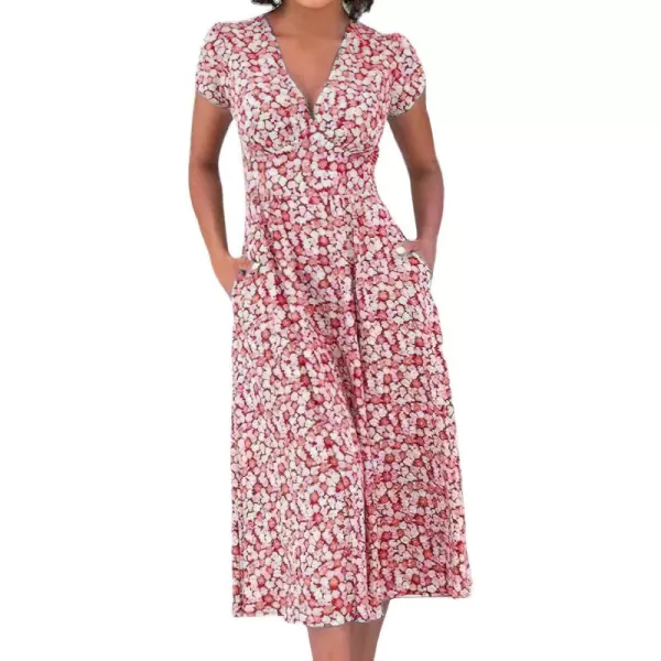 imagechouyatou Womens Summer Boho Floral Print Midi Ditsy Dress Casual VNeck Swing Vacation Beach DressRed