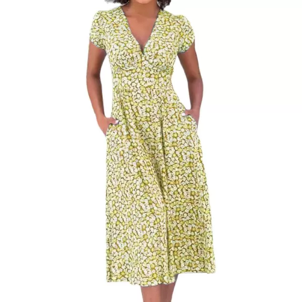 imagechouyatou Womens Summer Boho Floral Print Midi Ditsy Dress Casual VNeck Swing Vacation Beach DressYellow