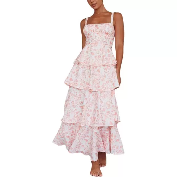imagechouyatou Womens Summer Boho Floral Print Party Dress Cut Out Tiered Maxi Beach DressPink
