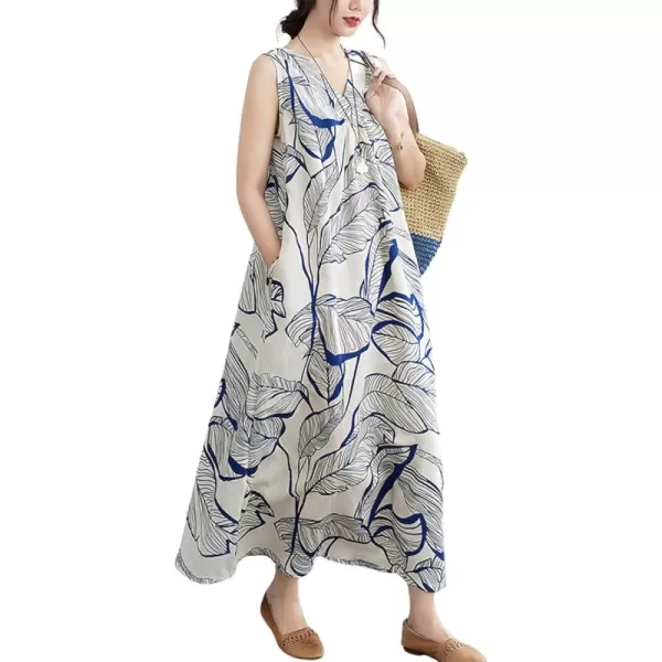 imagechouyatou Womens Summer Boho V Neck Floral Cotton Linen Sundress Tunic Shift Maxi Tank DressBlue White