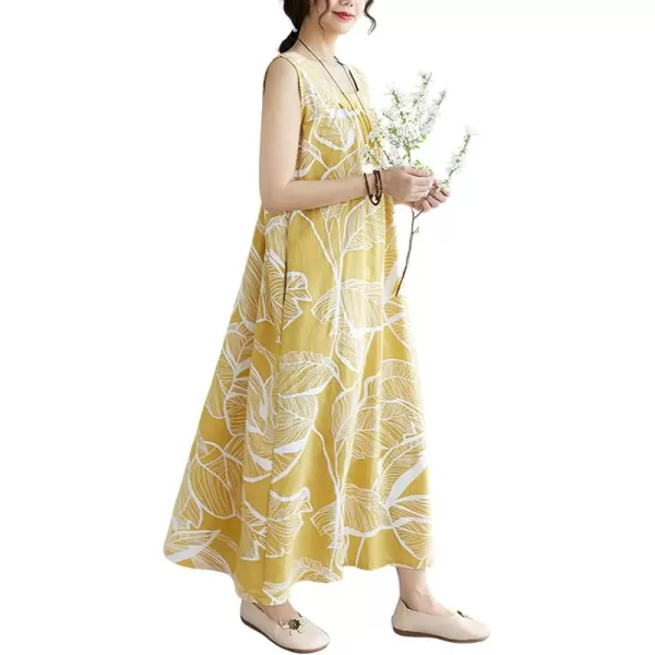 imagechouyatou Womens Summer Boho V Neck Floral Cotton Linen Sundress Tunic Shift Maxi Tank DressYellow