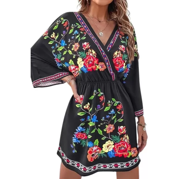 imagechouyatou Womens Summer Boho V Neck Floral Embroidered Mexican Dress High Waist Mini DressBlack