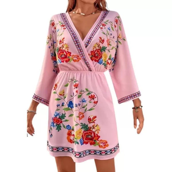 imagechouyatou Womens Summer Boho V Neck Floral Embroidered Mexican Dress High Waist Mini DressPink