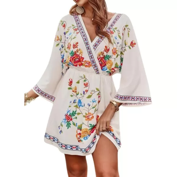 imagechouyatou Womens Summer Boho V Neck Floral Embroidered Mexican Dress High Waist Mini DressWhite